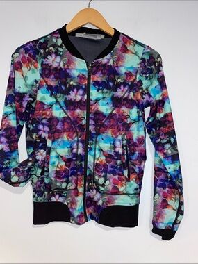 Athleta Multicolor Floral Bomber Jacket - Teal, Purple & Black XXS